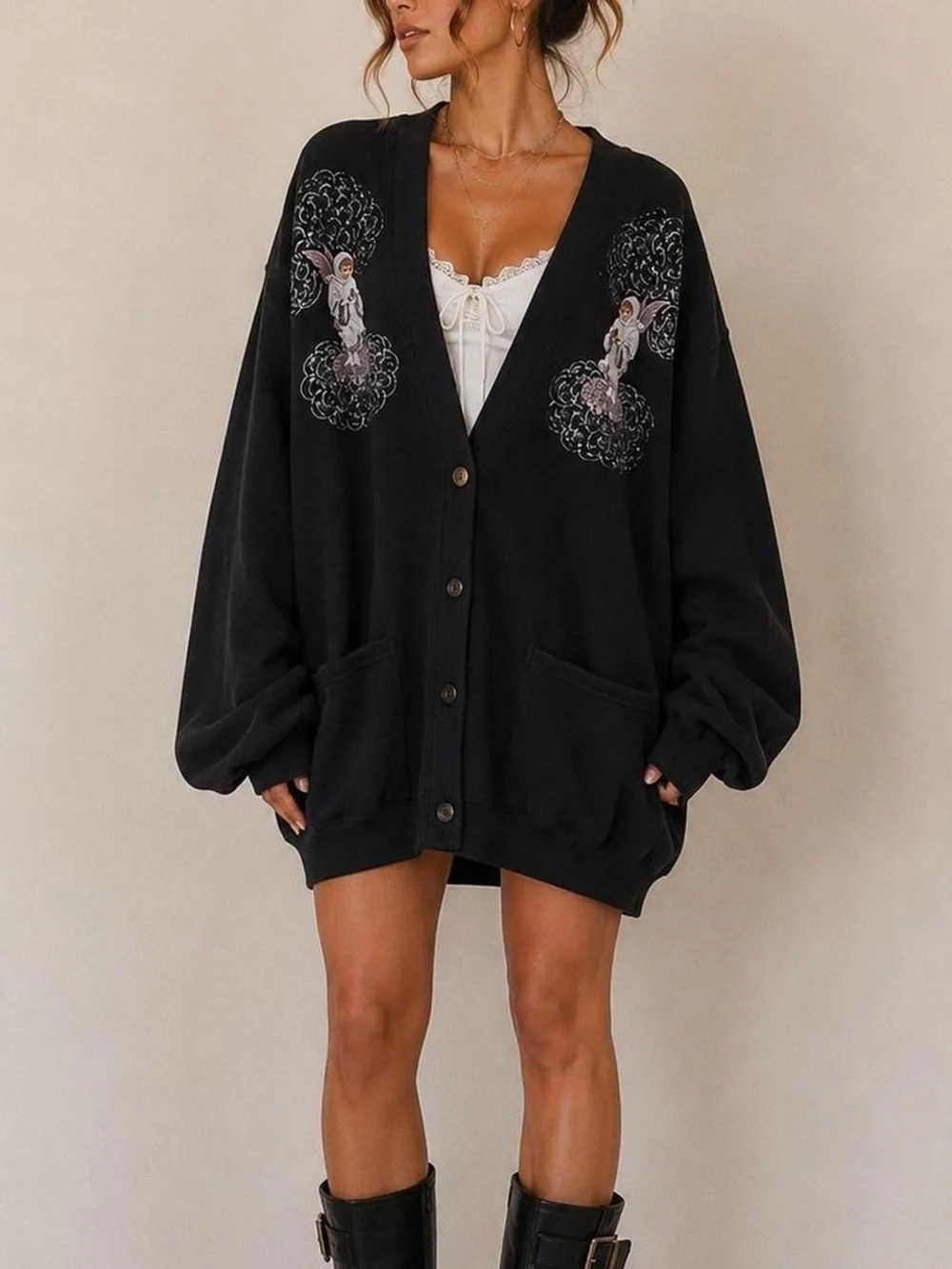 Vintage oversized hand painted Angel cardigan size XL